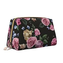 Black Blackgound Rose Leder Make-up Tasche Große Kapazität Reise Kosmetiktaschen Öffnung Make-up Tasche Tragbare Wasserdichte Kulturtasche für Frauen Mädchen Kosmetik Organizer, weiß, Einheitsgröße von QQLADY