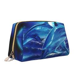 Blue Ocean Delphin Leder Make-up Tasche Große Kapazität Reise Kosmetiktaschen Öffnung Make-up Tasche Tragbare Wasserdichte Kulturtasche für Frauen Mädchen Kosmetik Organizer, weiß, Einheitsgröße von QQLADY