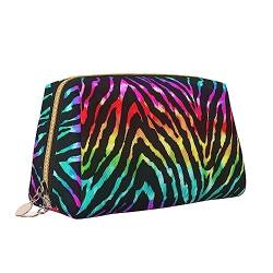 Bunte Regenbogen Zebra Leder Make-up Tasche Große Kapazität Reise Kosmetiktaschen Öffnung Make-up Tasche Tragbare Wasserdichte Kulturtasche für Frauen Mädchen Kosmetik Organizer, weiß, Einheitsgröße von QQLADY