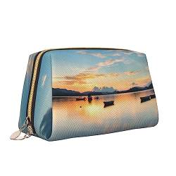 Lake Sunrise Leder Make-up Tasche Große Kapazität Reise Kosmetiktaschen Öffnung Make-up Tasche Tragbare Wasserdichte Kulturtasche für Frauen Mädchen Kosmetik Organizer, weiß, Einheitsgröße von QQLADY