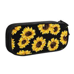 QQLADY Frühling Sonnenblumen Retro Blumen Großes Federmäppchen Federmäppchen mit Reißverschlussfächern Stifttasche Ästhetisches Federmäppchen für Erwachsene Federmäppchen Stifteetui für Büro, Schwarz von QQLADY