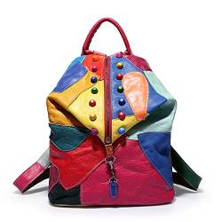QQYG Vintage Leder Rucksack Rindsleder Damen Rucksack Reisen bunte Patchwork Einkaufstasche,Farblich passend von QQYG