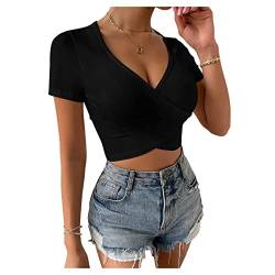 Kurzärmler-t-Shirt Von Frauen Tief V-Ausschnitt Slim Fit T-Shirt Solid Color Top Summer Tops von QREXVOG
