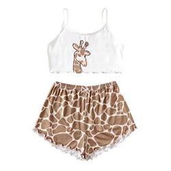 QREXVOG 2pcs Womens Pyjama Sets Pilz Giraffe Ice Cream Bow Dessous Pyjamas Cami Nachtwäsche von QREXVOG