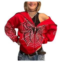 QREXVOG Damen Hoodies Sweatshirts Halloween Spider Web Zip Hoodie Casual Hoodie Fleece Jacke von QREXVOG