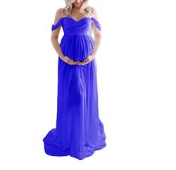 QREXVOG Damen Off-Shoulder Tüll Umstandskleid Schwangerschaft Maxikleid Schlitz für Fotoshooting (Blau,S,S) von QREXVOG