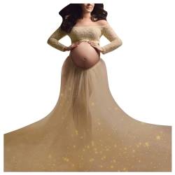 QREXVOG Damen Off-Shoulder Tüll Umstandskleid Schwangerschaft Maxikleid Schlitz für Fotoshooting (Gelb,L,L) von QREXVOG