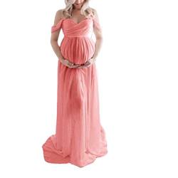 QREXVOG Damen Off-Shoulder Tüll Umstandskleid Schwangerschaft Maxikleid Schlitz für Fotoshooting (Hell-Pink,M,M) von QREXVOG