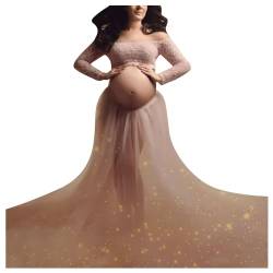 QREXVOG Damen Off-Shoulder Tüll Umstandskleid Schwangerschaft Maxikleid Schlitz für Fotoshooting (Rosa,XL,XL) von QREXVOG