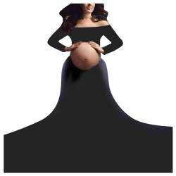 QREXVOG Damen Off-Shoulder Tüll Umstandskleid Schwangerschaft Maxikleid Schlitz für Fotoshooting (Schwarz,L,L) von QREXVOG