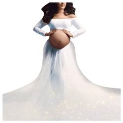 QREXVOG Damen Off-Shoulder Tüll Umstandskleid Schwangerschaft Maxikleid Schlitz für Fotoshooting (Weiss,S,S) von QREXVOG