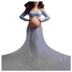 QREXVOG Damen Off-Shoulder Tüll Umstandskleid Schwangerschaft Maxikleid Schlitz für Fotoshooting (hellblau,L,L) von QREXVOG