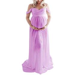 QREXVOG Damen Off-Shoulder Tüll Umstandskleid Schwangerschaft Maxikleid Schlitz für Fotoshooting (helles Lila,XL,XL) von QREXVOG