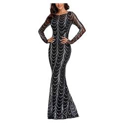 QREXVOG Frauen Formelle Kleider Slim Fit Bankettparty Pailletten Langarm Runden Hals -Abendkleid Maxi von QREXVOG