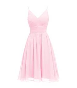 Kurze Brautjungfernkleider für Damen mit V-Ausschnitt für Hochzeit Chiffon Abschlussballkleid Spaghettiträger A-Linie Partykleid(Rosa,32) von QSICO