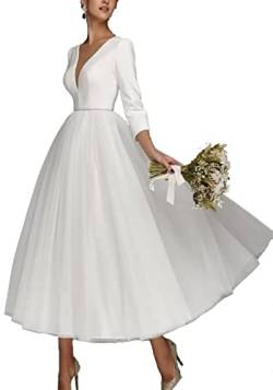 QSICO Damen Spitze Brautkleider Kurz Hochzeitskleid Appliques Standesamt Brautmode Brautkleider(Elfenbein 01,332) von QSICO