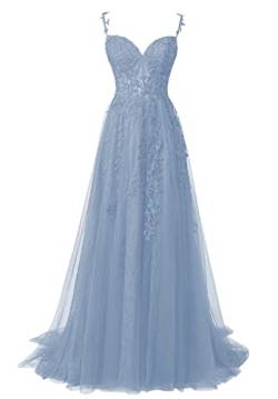 QSICO Damen Tüll Abendkleider Elegant Spitze Appliques Ballkleider Lange Split Formeller Abschlusskleid(Dusty Blau,38) von QSICO