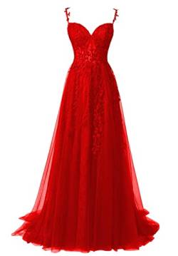 QSICO Damen Tüll Abendkleider Elegant Spitze Appliques Ballkleider Lange Split Formeller Abschlusskleid(Rot,34) von QSICO