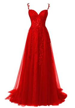 QSICO Damen Tüll Abendkleider Elegant Spitze Appliques Ballkleider Lange Split Formeller Abschlusskleid(Rot,40) von QSICO