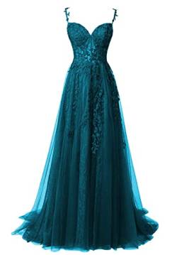 QSICO Damen Tüll Abendkleider Elegant Spitze Appliques Ballkleider Lange Split Formeller Abschlusskleid(Teal,34) von QSICO