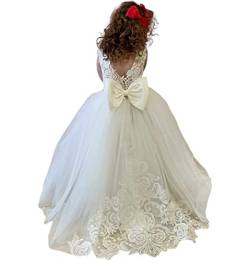 QSICO Prinzessin Blumenmädchenkleider für Hochzeit Kinder Ballkleider Spitze Appliques Erstes Kommunionkleid Festzug Kleid(Elfenbein,2-3 Jahre) von QSICO