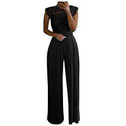 QSSS Jumpsuit Damen Elegante, Spitze Spleißen Festlich Hochzeit Lang Weites Bein Hosen Hohe Taillen Elegant Einteiler Overall Frauen Blumenspitze Business Party Breites Hosenanzug, Schwarz, M von QSSS