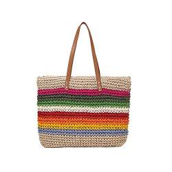 QTKJ Damen Sommer-Retro-Stroh-Tasche, handgewebt, bunt, groß, Boho-Schultertasche, Griff am Strand, Handtaschen mit Leder-Schulterriemen von QTKJ