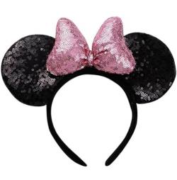 3D Mausohren Schleife Stirnbänder Glitzer Maus Ohren Haarreifen in Schwarz mit Pailletten Rosa Schleife für Mädchen und Damen, Cosplay Kostüm Kopfbedeckung, Haarschmuck für Partys, Feste, Kostümfeste von QTUN