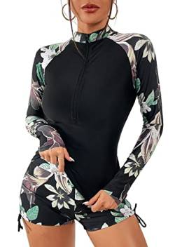 QTUN Damen Zweiteilig Badeanzug Rash Guard UV Schutz Langarm Badeshirt mit Hot Pants Sportlich Bademode Strandkleidung von QTUN