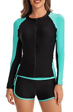 QTUN Surfanzug Damen Zweiteilig Badeanzug Rash Guard UV Schutz Langarm Badeshirt mit Badeshorts Sportlich Bademode Strandkleidung von QTUN