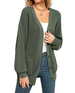 QUALFORT Damen 100% Baumwolle Cardigan Pullover Langarm Button Down Oversize Strickjacke mit Taschen, Grün , Groß von QUALFORT