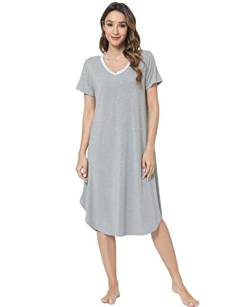 QUALFORT Damen Bambus-Nachthemd Kurzarm Nachtwäsche V-Ausschnitt Loungewear Seitenschlitz Weiches Nachthemd, Hellgrau, XX-Large von QUALFORT