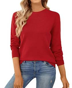 QUALFORT Damen Crewneck 100% Baumwolle Pullover Sweater Weich Strickpullover - Rot - Klein von QUALFORT