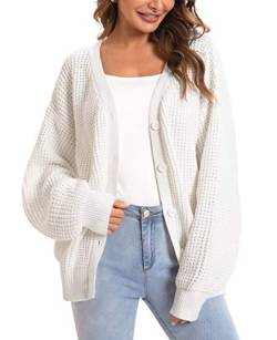QUALFORT Damen Strickjacke Pullover 100% Baumwolle Button-Down Langarm Oversized Strickjacken - Weiß - Groß von QUALFORT