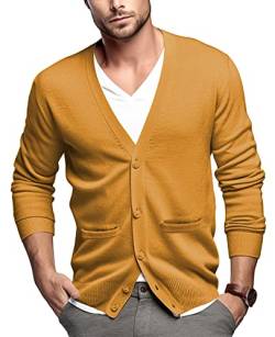 QUALFORT Herren Cardigan Sweater 100% Baumwolle Taschen Casual Slim Fit V-Ausschnitt Strickpullover Knopfleiste, Senf, XX-Large von QUALFORT