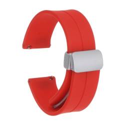 QUARKZMAN Magnetisches Silikon Uhrenarmband 22mm Schnellverschluss Weiches Gummi Wasserdichtes Ersatzarmband mit silberner Metall-Faltschließe für Männer und Frauen, Rot von QUARKZMAN
