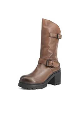 QUEEN HELENA Biker Stiefel aus Leder Stiefel mit Absatz Plateau Zip Seitliche Damen QH22L267, braun, 38 EU von QUEEN HELENA