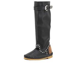 QUEEN HELENA Indische Hohe Stiefel mit Flach Absatz Schnalle Damen, Zm8043 Schwarz, 38 EU von QUEEN HELENA