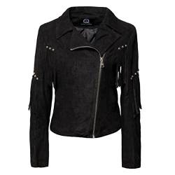 QUEEN HELENA Wildlederjacke mit Fransen Jacke Kurz Nageljacke Biker Casual Leichte Damen Y3003, Schwarz , M von QUEEN HELENA