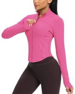 QUEENIEKE Damen Laufjacke Atmungsaktive und Leicht Sportjacke Langarm definieren Jacke mit Daumenloch für Fitness Trainingjacke Jacke Größe L Farbe Heißes Rosa von QUEENIEKE