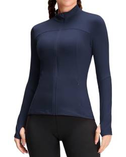 QUEENIEKE Damen Laufjacke Sportjacke Trainningsjack Langarm definieren Jacke Full Zip Leicht Atmungsaktive Sweatjacke mit Taschen Daumenloch für Fitness Yoga Jacke Dunkelblau XL von QUEENIEKE