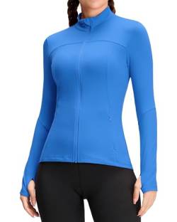 QUEENIEKE Damen Laufjacke Sportjacke Trainningsjack Langarm definieren Jacke Full Zip Leicht Atmungsaktive Sweatjacke mit Taschen Daumenloch für Fitness Yoga Jacke Elektrisches Blau XS von QUEENIEKE