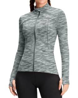 QUEENIEKE Damen Laufjacke Sportjacke Trainningsjack Langarm definieren Jacke Full Zip Leicht Atmungsaktive Sweatjacke mit Taschen Daumenloch für Fitness Yoga Jacke Hellgrau S von QUEENIEKE