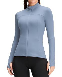 QUEENIEKE Damen Laufjacke Sportjacke Trainningsjack Langarm definieren Jacke Full Zip Leicht Atmungsaktive Sweatjacke mit Taschen Daumenloch für Fitness Yoga Jacke Ruhiges Blau M von QUEENIEKE