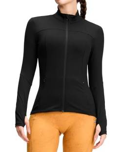 QUEENIEKE Damen Laufjacke Sportjacke Trainningsjack Langarm definieren Jacke Full Zip Leicht Atmungsaktive Sweatjacke mit Taschen Daumenloch für Fitness Yoga Jacke Schwarz L von QUEENIEKE