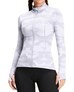 QUEENIEKE Damen Laufjacke Sportjacke Trainningsjack Langarm definieren Jacke Full Zip Leicht Atmungsaktive Sweatjacke mit Taschen Daumenloch für Fitness Yoga Jacke weiße Tarnung XXL von QUEENIEKE