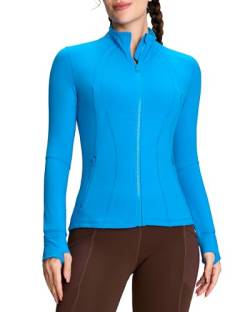 QUEENIEKE Damen Laufjacke Sportjacke voll zip Langarm Trainingsjacke Sweatjacke Slim Fit Handfeel Jacke mit Tasche Für Yoga Fitness Elektrisches Blau L von QUEENIEKE