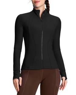 QUEENIEKE Damen Laufjacke Sportjacke voll zip Langarm Trainingsjacke Sweatjacke Slim Fit Handfeel Jacke mit Tasche Für Yoga Fitness Schwarz S von QUEENIEKE