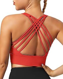 QUEENIEKE Damen Sport BH Gepolstert leichte Yoga Bra ohne Buegel Spaghettiträger Sport Bra Cross Back Cropped Top für Fitness Farbe Fluoreszierendes Dunkelrot B Größe XL von QUEENIEKE