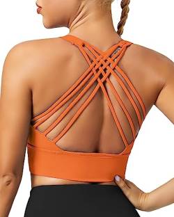 QUEENIEKE Damen Sport BH Gepolstert leichte Yoga Bra ohne Buegel Spaghettiträger Sport Bra Cross Back Cropped Top für Fitness Farbe Fluoreszierendes Orange B Größe XXL von QUEENIEKE